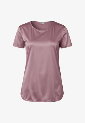 Top a manica corta in tessuto satinato color malva chiaro, con scollo tondo e texture liscia, dal taglio ampio e orlo libero.