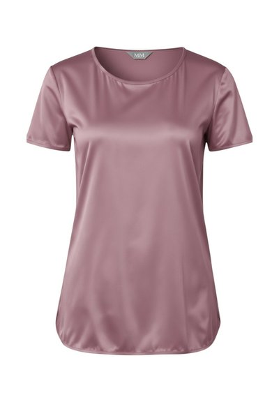 Top a manica corta in tessuto satinato color malva chiaro, con scollo tondo e texture liscia, dal taglio ampio e orlo libero.