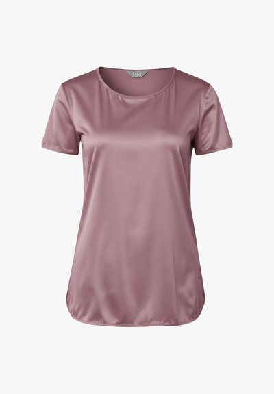 Top a manica corta in tessuto satinato color malva chiaro, con scollo tondo e texture liscia, dal taglio ampio e orlo libero.