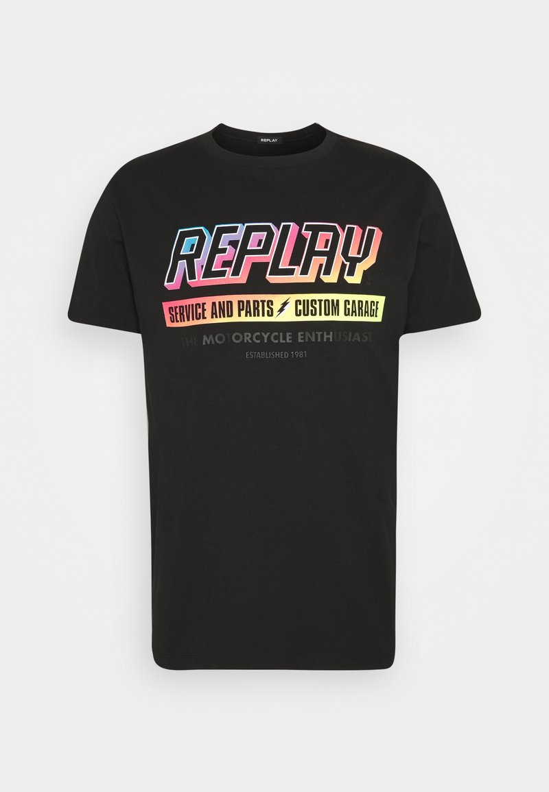 Czarna bawełniana koszulka z krótkim rękawem z wielokolorowym napisem: "SERWIS I CZĘŚCI REPLAY CUSTOM GARAGE" oraz "ENTUZJASTA MOTOCYKLI."