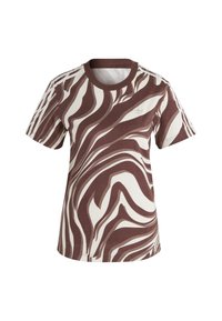 Camiseta de manga corta con diseño en espiral de patrón de cebra en marrón y blanco y tres rayas blancas en las mangas.