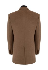 Brązowy wełniany płaszcz, jednozapięciowy, o zdefiniowanej konstrukcji, z klapami i czarnym kołnierzem. Ma mankiety na guziki i wentylowane plecy.