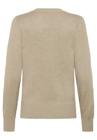 Beige knitted sweater with long sleeves, a round neckline, ribbed hem and cuffs, smooth texture, and subtle light variations.