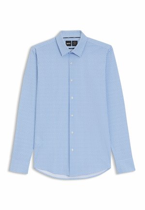 Light blue long-sleeve shirt with a geometric pattern, button-down collar, and white buttons. Made from smooth, woven fabric.