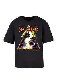 Schwarzes Baumwoll-T-Shirt mit einem bunten dreieckigen Grafik, die ein Gesicht zeigt, dem Text "DEF LEPPARD" in fettem Orange und "Hysteria" in Gelb.