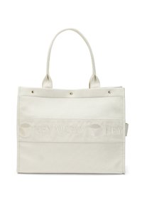 Canvas schoudertas in off-white met geborduurd "HEY MARLY" logo. Heeft twee handvatten en decoratieve gouden studs. Rechthoekige vorm met een gestructureerd oppervlak.