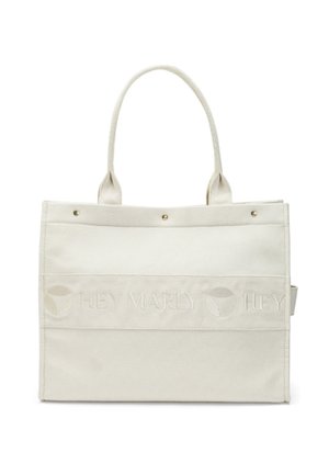 Canvas-Umhängetasche in Off-White mit gesticktem "HEY MARLY"-Logo. Verfügt über zwei Griffe und dekorative goldene Nieten. Rechteckige Form mit einer strukturierten Oberfläche.