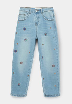 Hellblaue Jeans aus Denim mit bestickten Blumenmustern in verschiedenen Farben. Gerades Bein Design mit vorderen Taschen und Gürtelschlaufen.