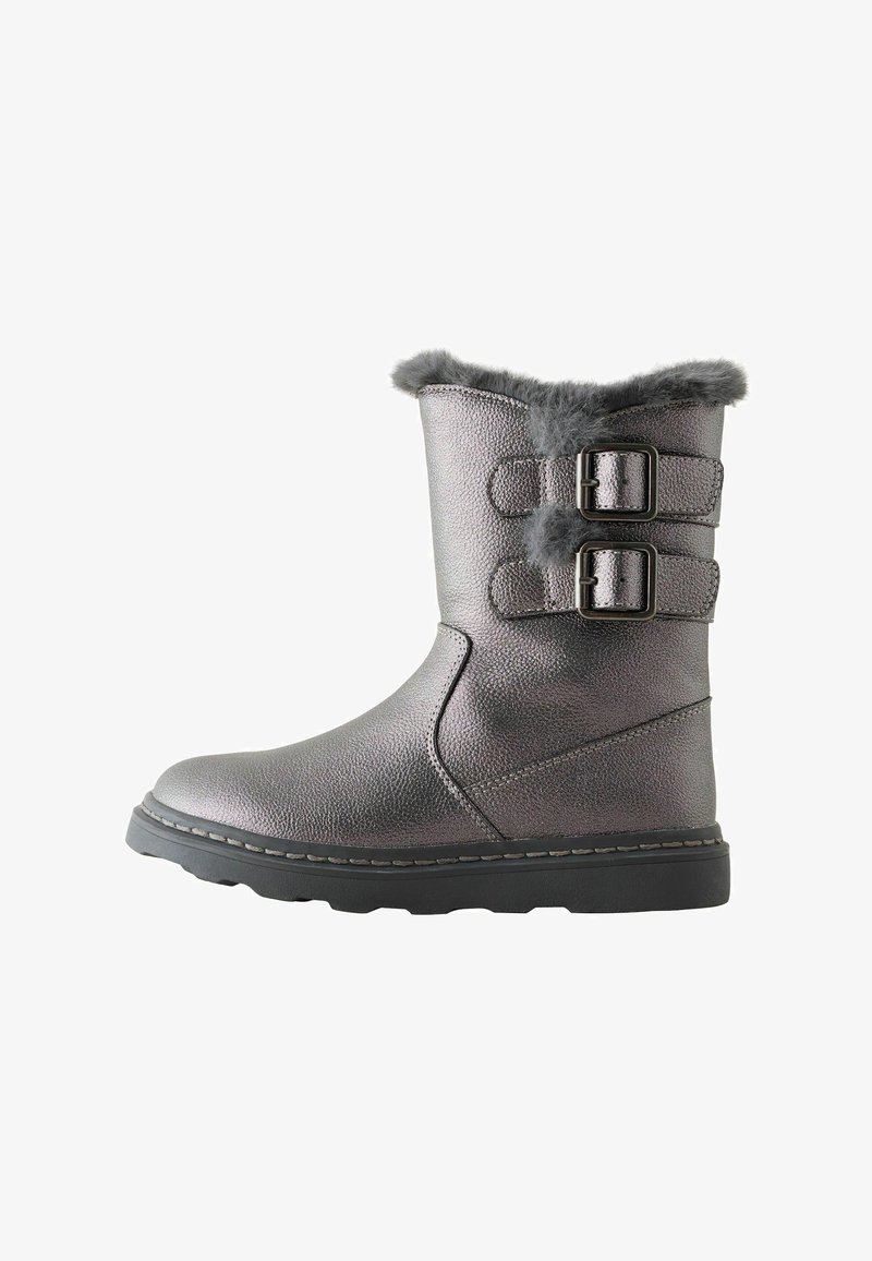 Metallikhallid talvesaapad musta tallaga, faux karvasästaga ülaservas ning kahe reguleeritava nööriga külgedel.