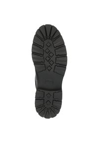 Schwarze Gummistiefelsohle mit tiefen Profilen und Rillen für besseren Halt. Verfügt über geometrische Muster und strukturierte Oberfläche für Langlebigkeit.