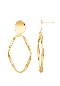 Guldtonede øreringe med et abstrakt, bølget design, der har en oval stud og en forlænget, snoet hængedrop. Glat overfladefinish.