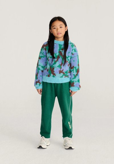 Jeune fille debout, portant un pull duveteux à motifs bleu, vert et marron, un pantalon vert foncé avec une bande blanche et des baskets blanches.