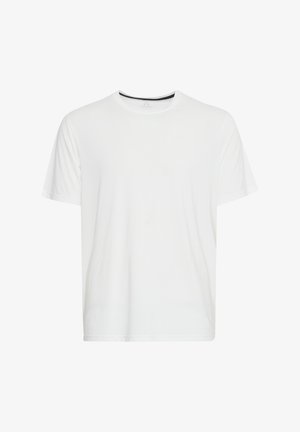 Bela kratka majica z kratkimi rokavi, izdelana iz mehkega blaga, z značilnim krojaškim izrezi in sproščenim, rahlo kvadratnim krojem.