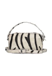 Zebraprint handtas van textuurhaarleer met een afneembare schouderband en een zilverkleurige rits, voorzien van een kleine handgreep.