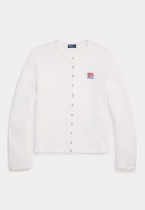 Biely kardigán s dlhým rukávom vyrobený z bavlny, s okrúhlym výstrihom, zapínaním na gombíky a malým vyšívaným logom s americkou vlajkou.