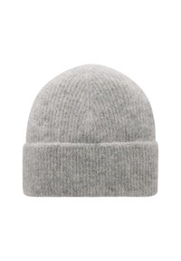 Beanie grigio a maglia con una texture a coste, caratterizzato da un risvolto. Realizzato in morbida lana, ha una parte superiore arrotondata e un motivo leggermente melangiato.