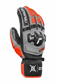 Schwarzer und grauer, texturierter Rennhandschuh mit orangefarbenen Akzenten, verstärkter Handfläche und sicherem Handgelenksverschluss. Verfügt über ein markantes Logo.