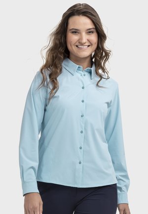 Hellblaues Hemd aus glattem Stoff mit langen Ärmeln, spitzem Kragen und schlanker Passform. Mit passenden Knöpfen ausgestattet.