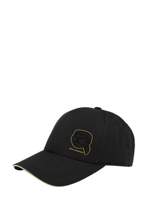 Cappellino da baseball nero con bordo della visiera rifinito in oro e logo Karl Lagerfeld ricamato in oro sul pannello frontale.