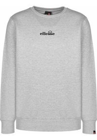 Sudadera gris con cuello redondo, mangas largas, puños y dobladillo acanalados. Presenta un logotipo negro en la parte delantera. Material suave de mezcla de algodón.