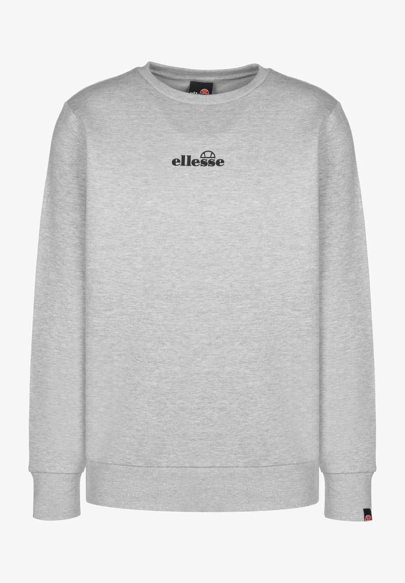 Sudadera gris con cuello redondo, mangas largas, puños y dobladillo acanalados. Presenta un logotipo negro en la parte delantera. Material suave de mezcla de algodón.