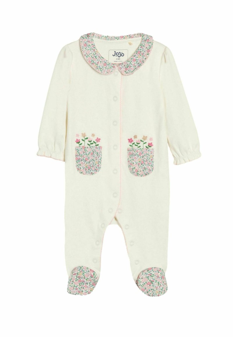 Bebičasti onesie boje kreme s cvjetnim džepovima i čarapicama, s ovratnikom i ružičastim obrubom duž prednje strane.