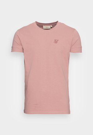 Herren-T-Shirt in staubigem Rosa mit kurzem Ärmel und Rundhalsausschnitt, kleinem besticktem Logo auf der linken Brust und Label innen im Kragen.