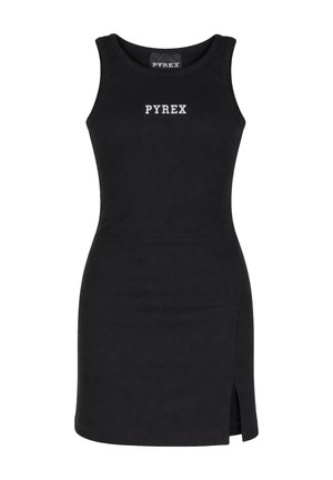 Abito nero aderente senza maniche con logo "PYREX" sul petto e una piccola spacco sulla parte inferiore destra.