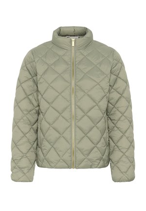 Šviesiai žalia siūtu pūkinės striukės su deimanto raštu, aukšta apykakle ir auksine priekinė užtrauktuko uždarymo sistema.