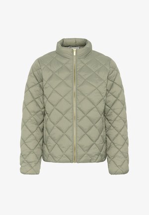 Lichtgroene gewatteerde pufferjack met ruitvormige stiksel, hoge kraag en gouden rits aan de voorkant.
