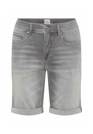 Grijze denimshorts met opgerolde boorden, voorste knoop- en ritssluiting, riemlussen en voorzakken met kleine klinknagels.