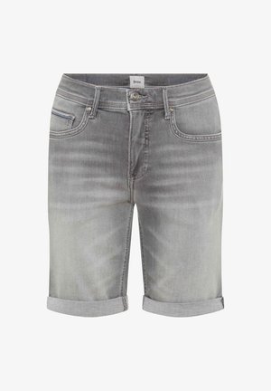 Grijze denimshorts met opgerolde boorden, voorste knoop- en ritssluiting, riemlussen en voorzakken met kleine klinknagels.