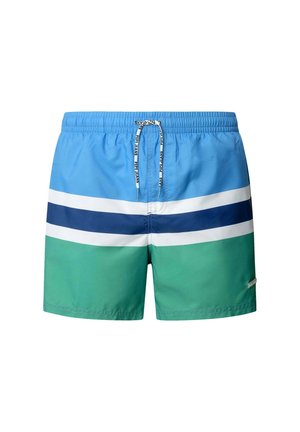 Pantaloni da bagno con un design a blocchi di colore nelle tonalità di blu e verde, fascia elastica in vita, chiusura con cordino e strisce decorative.