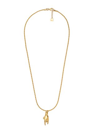 Collana d'oro con una catena testurizzata e attorcigliata e un ciondolo a forma di mano, caratterizzata da una finitura lucida e un piccolo cartellino del marchio.