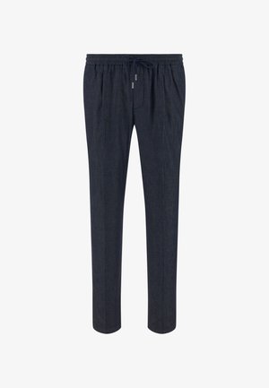 Pantalones azul oscuro ajustados con cintura elástica y cordón, con pliegues frontales sutiles y costuras entalladas a lo largo de las piernas.