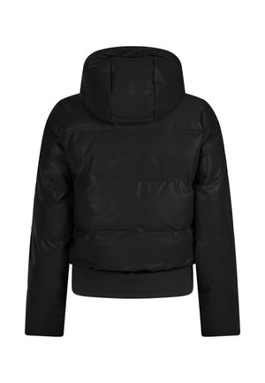 Zwarte cropped pufferjack met capuchon, met een gladde, glanzende textuur en een elastische zoom. Geen zichtbare zakken of versieringen.