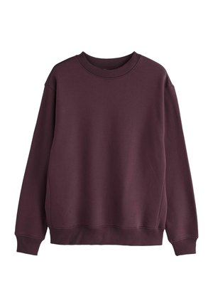 Hanorac de culoare burgundă dintr-un amestec de bumbac, cu guler rotund cu nervuri, mâneci lungi și o croială relaxată, având o textură netedă.