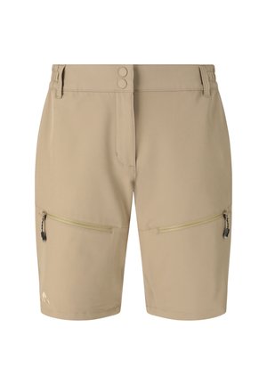 Beige knælange shorts med to lynlåslommer foran, dobbelte knapper i taljen og bæltestropper på hver side.