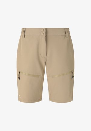 Beige knælange shorts med to lynlåslommer foran, dobbelte knapper i taljen og bæltestropper på hver side.