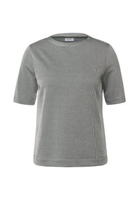 Krátký rukáv, crew-neck tričko v světle šedé látce s jemným vertikálním pruhovaným vzorem a mírně uvolněným střihem.