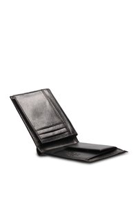Portafoglio nero in pelle con design bifold, dotato di molteplici scomparti per carte e un compartimento più grande per banconote o ricevute. Texture liscia.