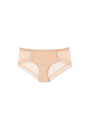 Mutandine hipster beige da donna con pannelli laterali in rete e texture a puntini su sfondo bianco.