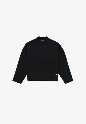 Zwarte trui met een ronde hals, lange mouwen en een geribbelde zoom. Gemaakt van een zachte, gestructureerde stof. Bevat een klein wit logo aan de onderkant.