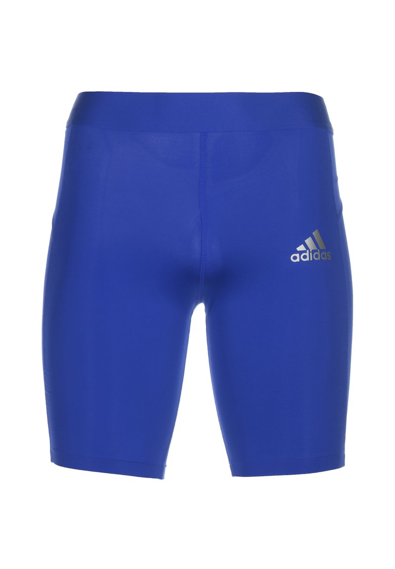 Blaue Sportshorts aus elastischem Material mit einer festen Textur. Mit goldfarbenem Adidas-Logo am linken Bein. Länge bis zur Mitte des Oberschenkels.
