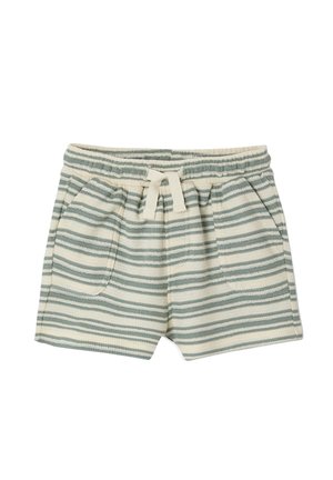 Knit shorts with green and cream horizontal stripes, elastic waistband, front pockets, and cream drawstring tie.