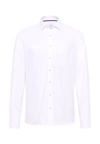 Weißes Langarm-Hemd mit Button-Down-Kragen, einer einzelnen Brusttasche und Knopfdetails auf der Vorderseite, aus glattem Stoff gefertigt.