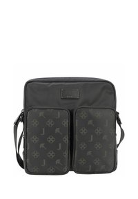 Borsa a tracolla nera con due tasche frontali con cerniera, caratterizzata da un motivo sottile, tracolla regolabile e placchetta con logo.