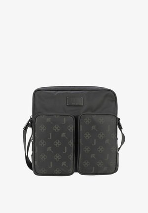 Borsa a tracolla nera con due tasche frontali con cerniera, caratterizzata da un motivo sottile, tracolla regolabile e placchetta con logo.