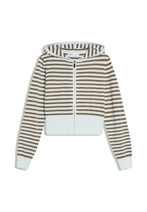 Mikina s kapucňou na zips s hnedými a bielymi vodorovnými pruhmi, s rebrovanými manžetami a lemom.