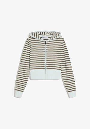 Mikina na zip s kapucí, hnědo-bílé vodorovné pruhy a žebrované manžety a lem.